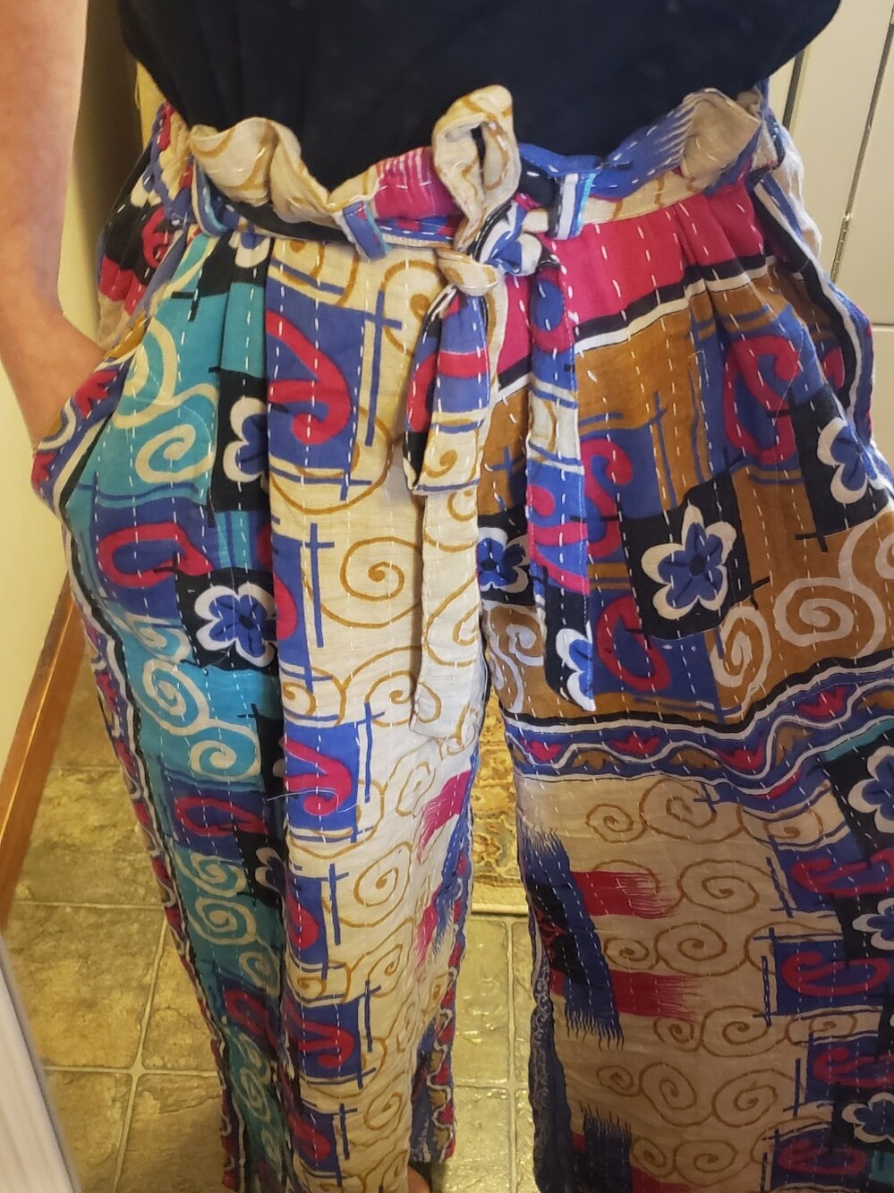 Boho Wide Leg Cotton Kantha Patchwork Print Pants - Turquoise & Cream